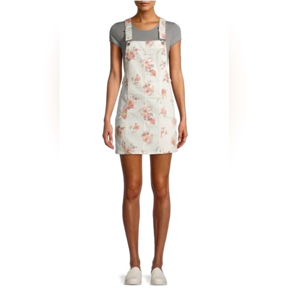 Women’s  Ivory Floral Racerback Pinafore Overall Dress Size Juniors XL 15/17 - Picture 3 of 9